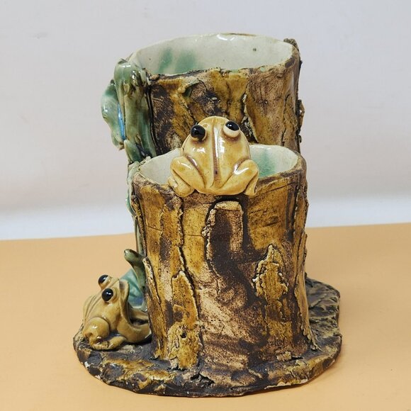 Vintage Majolica Style Ceramic Frog Tree Stump Art Pottery Planter - Picture 2 of 11